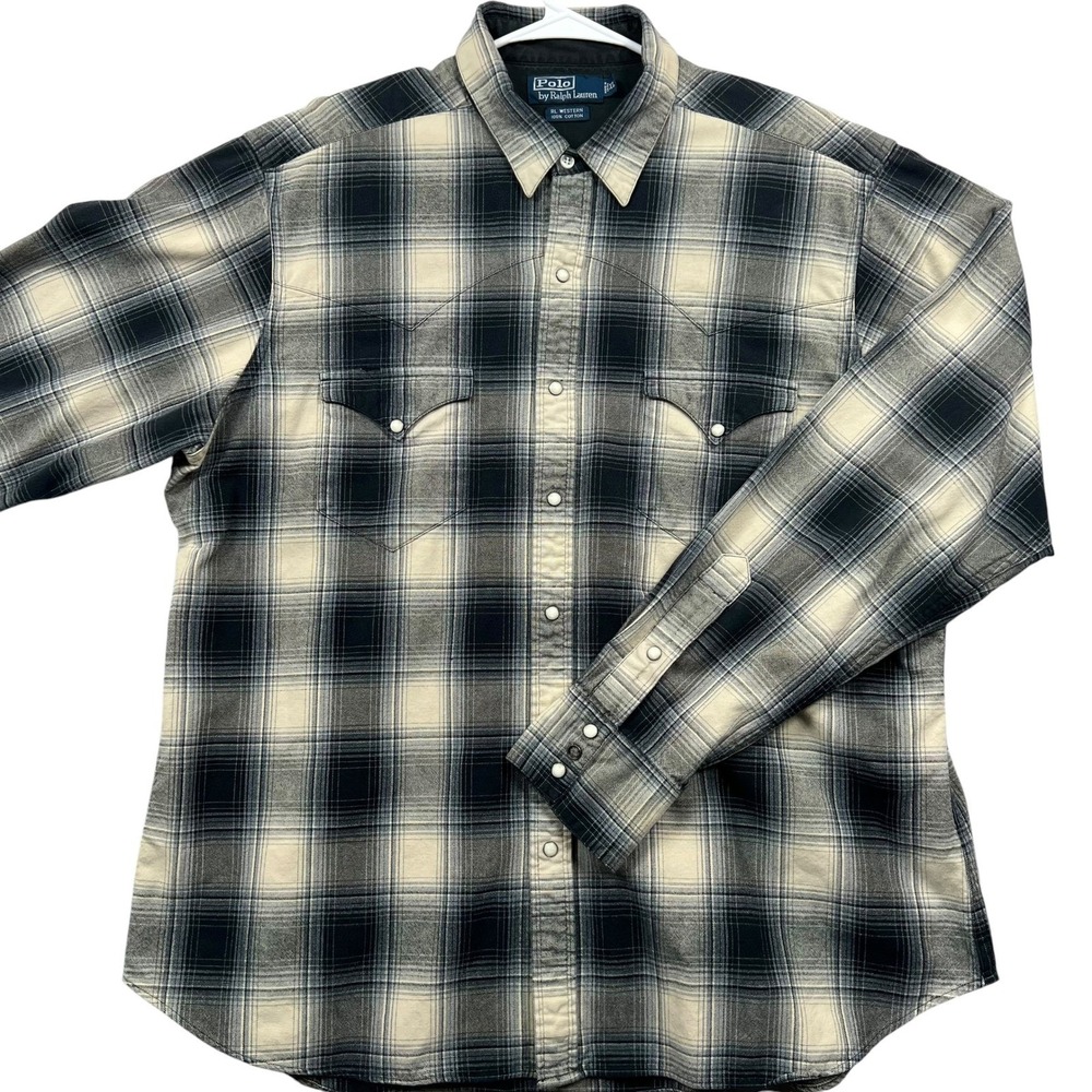 Polo Ralph Lauren Western Shirt Mens XL Black‎ Cream Plaid Flannel Pearl Snap